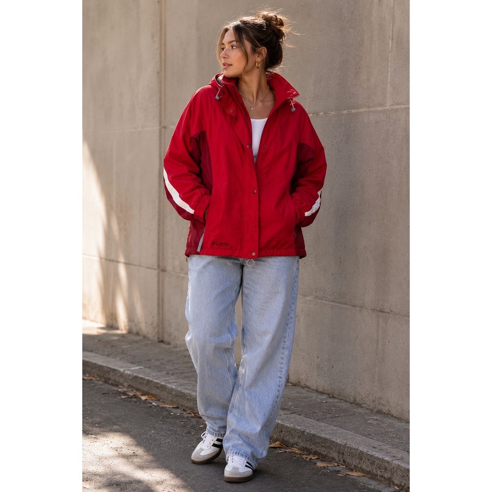 Columbia Hooded Ski Jacket Red Fleece Lined Coat Y2K Gorpcore Women's M Vintage
